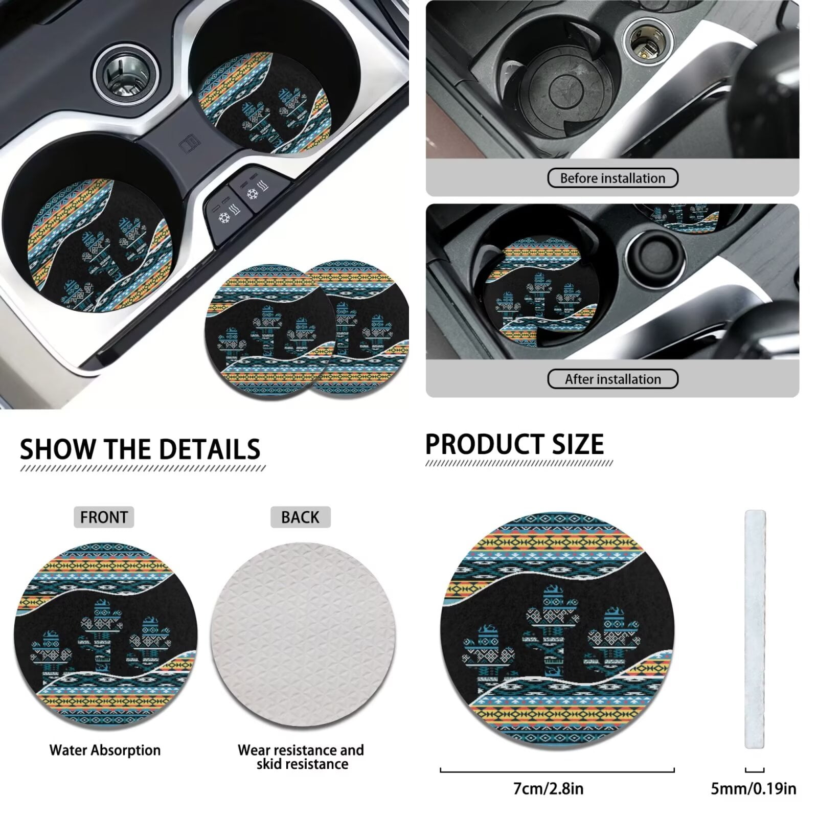 Garronmavis Aztec Cactus Pattern Universal Polyester Car Seat Covers Full Set Steering Wheel Cover Gear Shift Cover Handbrake Cover Headrest Cover Cup Coasters for Accessories Interior Sets