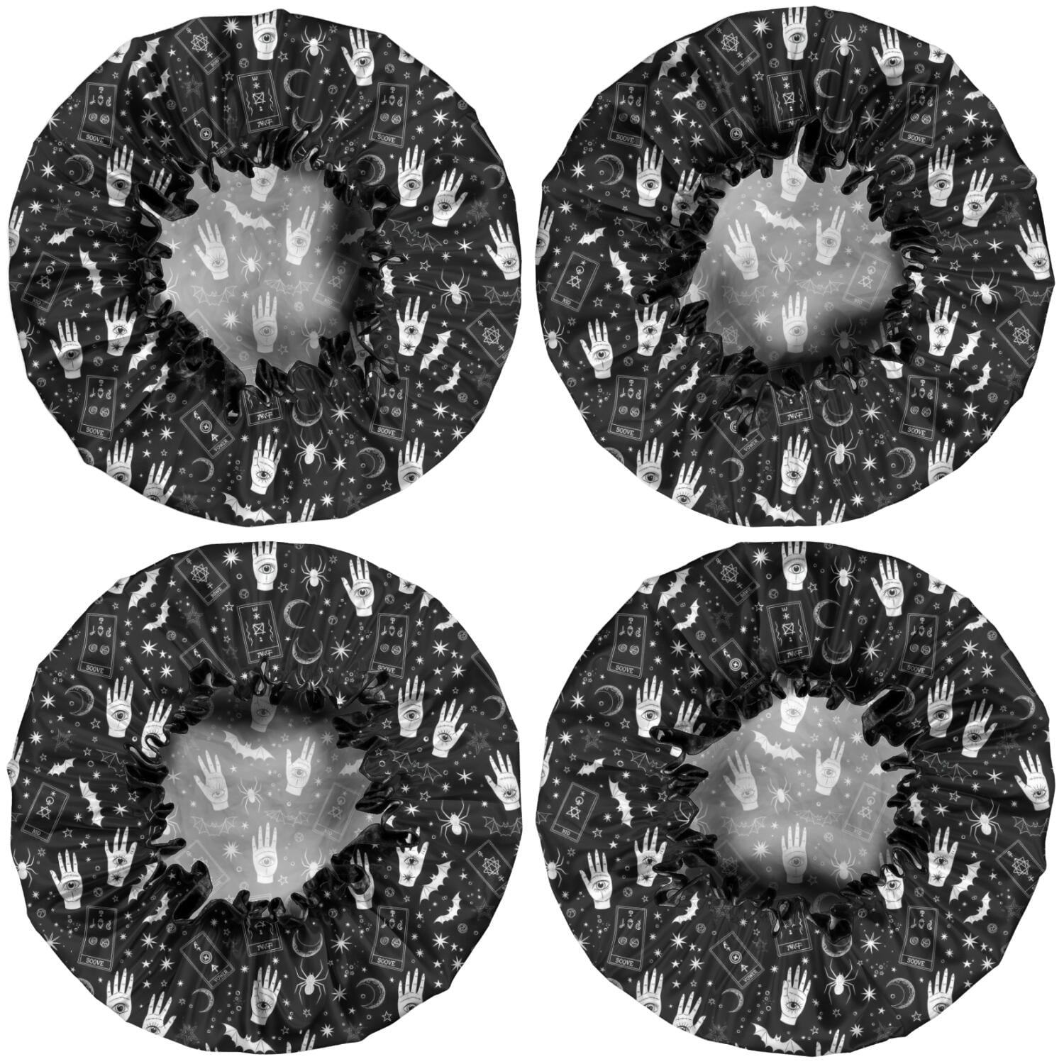 Shower Caps,Black White Halloween Hand Tarot Bat Pattern Waterproof Shower Cap for Women 4 Pieces,Double Reusable Hair Cover for Shower PEVA Elastic Stretch Hem
