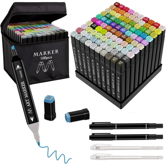 Banral 100 Colors Dual Tip Alcohol Markers,with Case & Holders for Sketching & Coloring