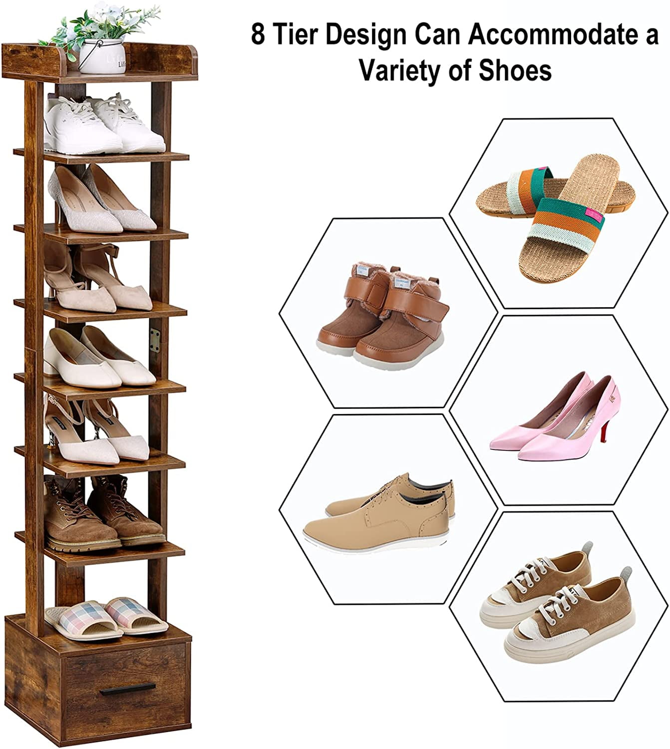 8 Tiers Vertical Shoe Rack, Space Saving Shoe Storage Shelf Stand for Small Space, Entryway, Rustic Brown, Size: 11.0” Large x 11.0” W x 57.5” H