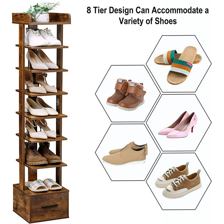 8-Tier Vertical Shoe Rack Space-Saving Narrow Tall Shelf Small Wooden  Holder