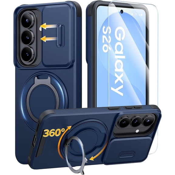 REQO for Samsung Galaxy S26 Case, Ring Holder Stand Kickstand, Slide Camera Cover with Screen Protector, Dual-Layer Shockproof Protective, Magnetic Accessory Friendly Galaxy S26 Phone Case