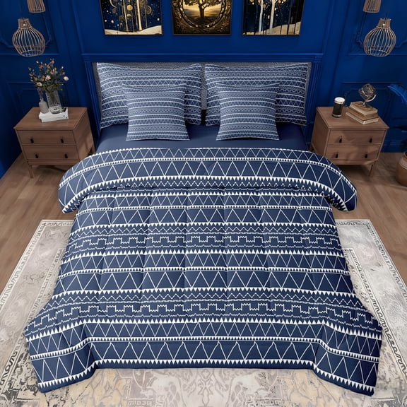 Homewish Geometric Stripes Lines Twin Bedding Sets 7-Piece for Female Men,Navy Blue White Bedding Comforter Set Microfiber,Minimalist Mid Century Breathable Sheet Sets,Lightweight Room Decor