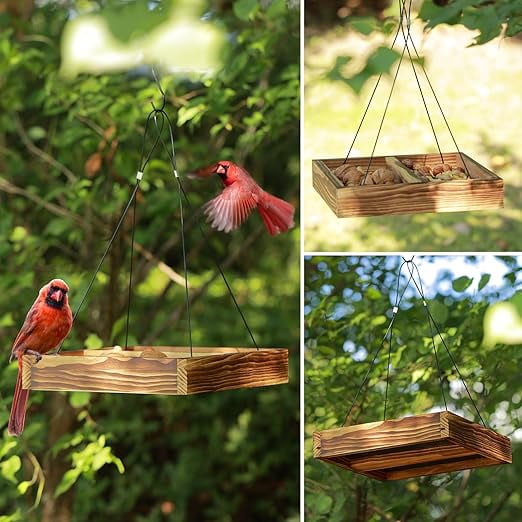 SNYNUXX Bird Feeder Hanging Tray, Seed Tray Wooden Platform Hummingbird Feeder Hanging Tray Mesh Seed Platform for Garden Yard Outside Decoration Attracting for Wild Birds(Brown-2pk)