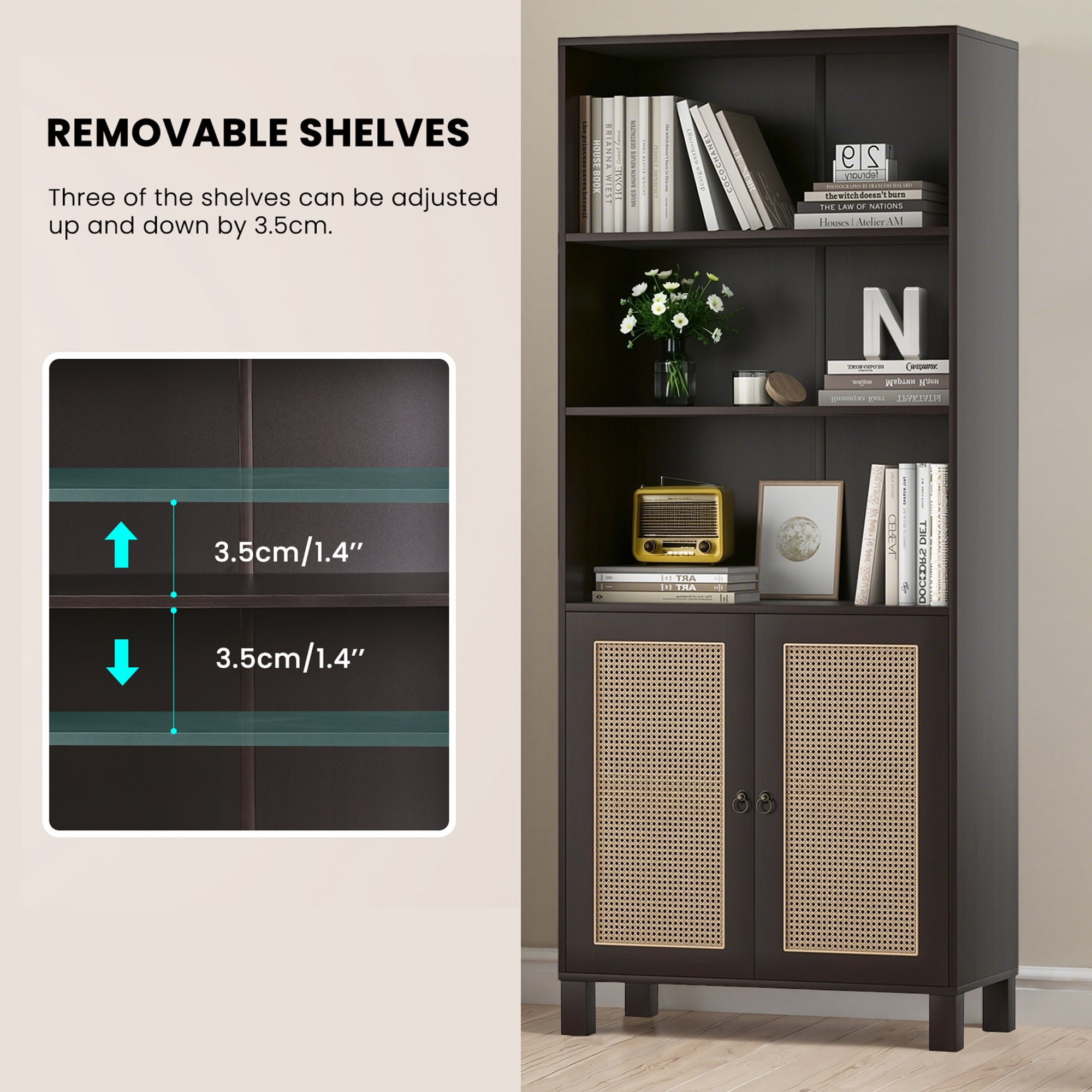 MAYEERTY 5-Shelf Bookcase with Rattan Doors, Tall Display Shelves for Home Office & Bedroom,Dark Walnut