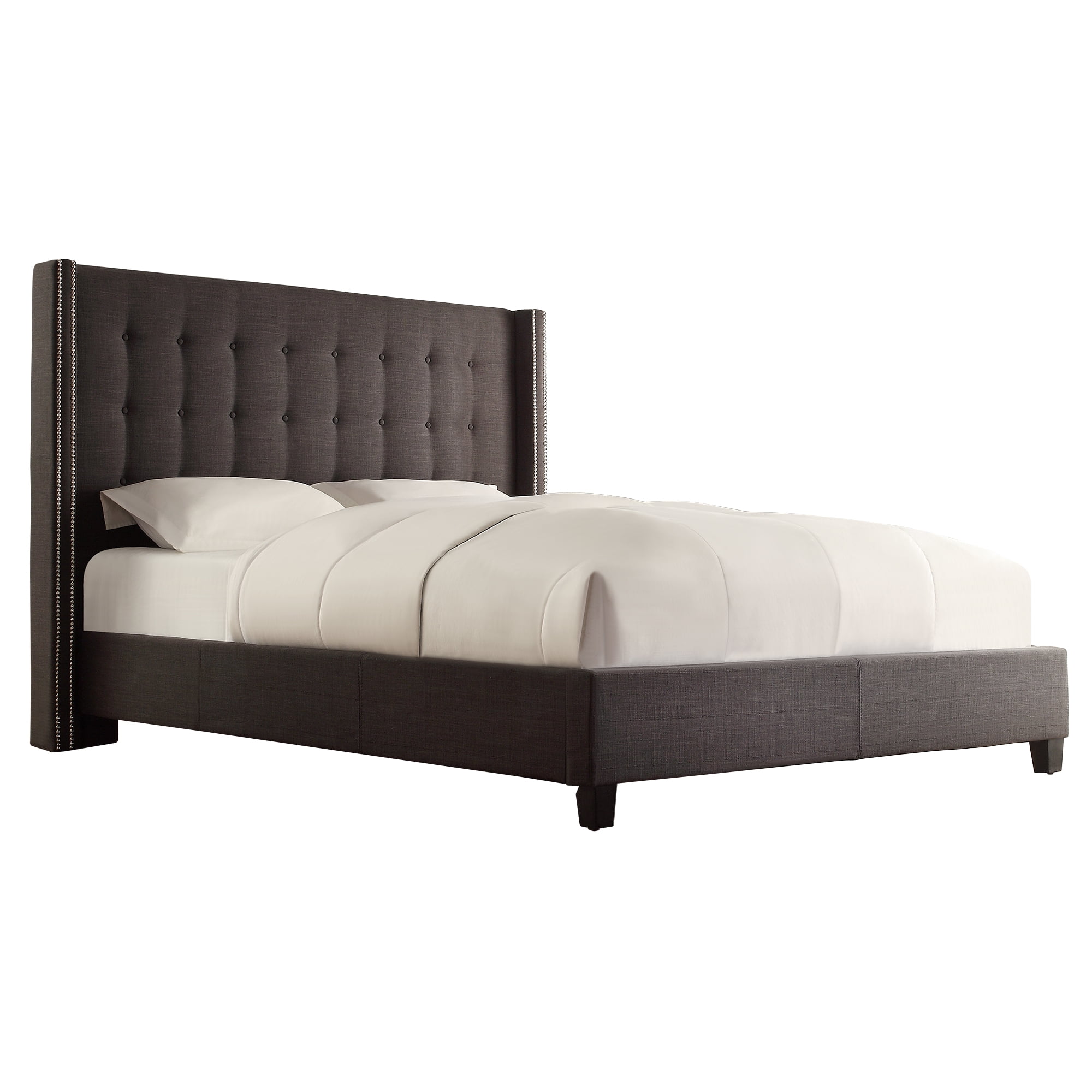 Weston Home Curtis I Upholstered Queen Bed with Wingback Nailhead Headboard, Dark Gray
