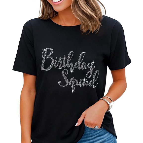 Birthday Squad Tshirt Women Crystal Rhinestone Birthday Queen Shirt Black Medium