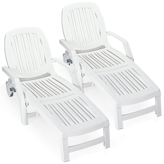 Topbuy 2 PCS Patio Lounge Chair Chaise Recliner Adjustable Backrest All Weather for Outdoor&Indoor Wheels White