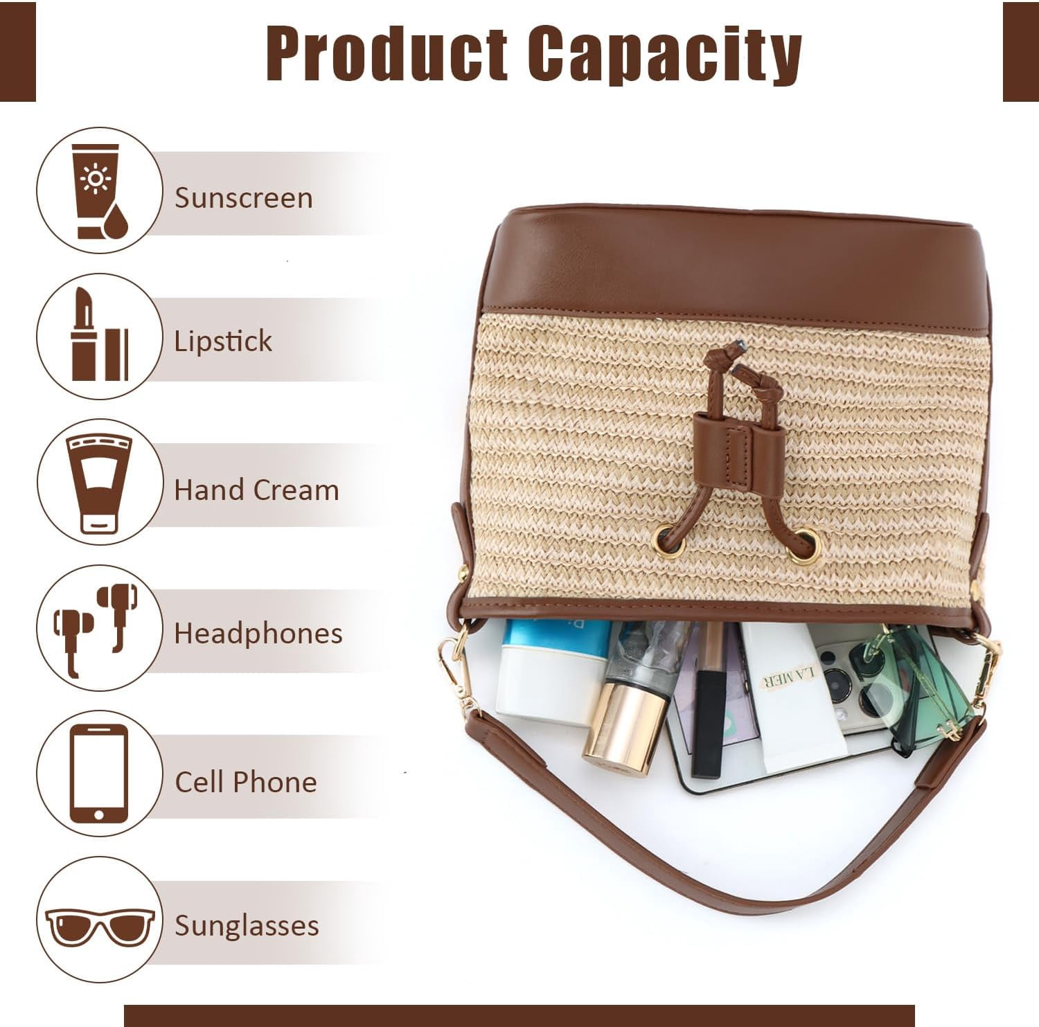 Straw Drawstring Shoulder Bag Bucket Bag for Women Summer Handwoven Beach Vacation Handbag Crossbody Bag