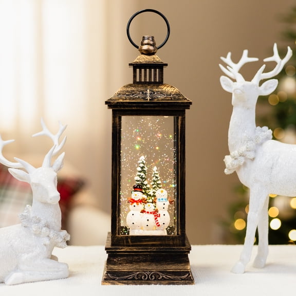 Northlight LED Snowman Family Brushed Christmas Lantern Snow Globe - 11" - Black and Gold