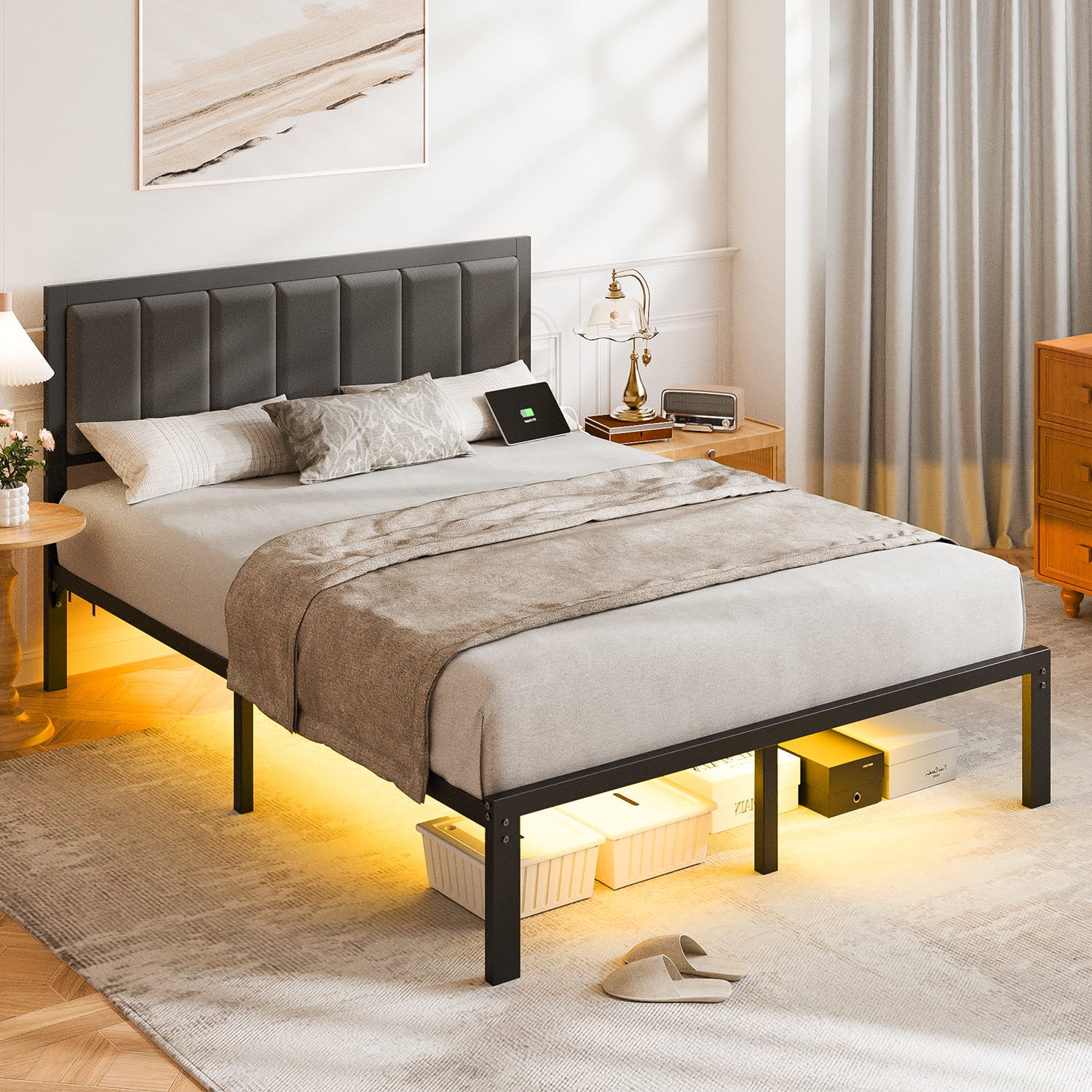 Haewon Queen Size Bed Frame with Upholstered Headboard, Metal Platform Bed Frame with USB Charging & LED Lights, Under-Bed Storage, No Box Spring Needed, Dark Grey