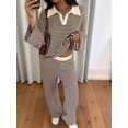 thumbnail image 6 of Womens Sweater Set 2 Piece Outfits Striped Long Sleeve Collared Tops Wide Leg Pants Lounge Sets Brown XL, 6 of 9