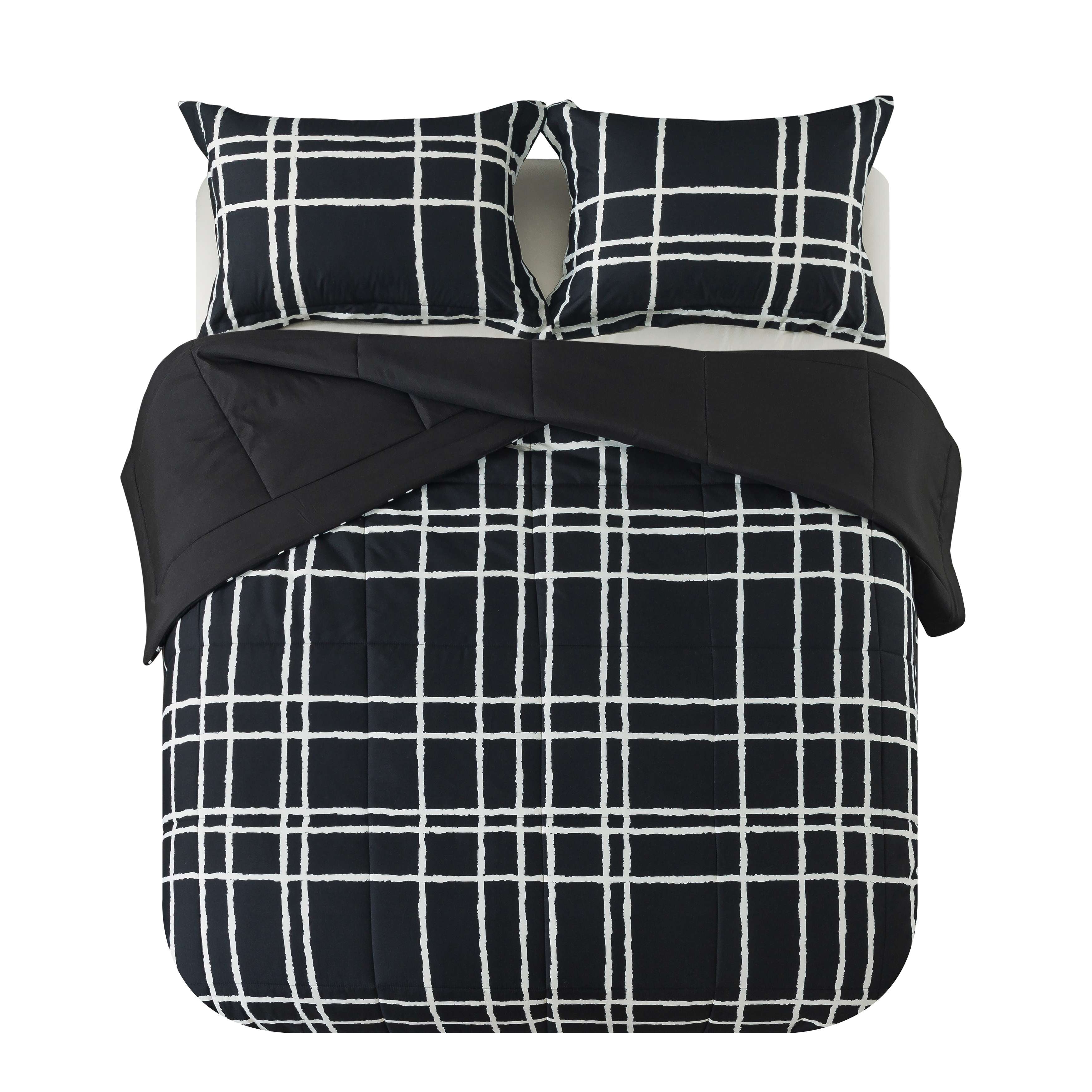 Mainstays 7-Piece Reversible Bed in a Bag Comforter Set with Sheets, Black and White Checker, Full