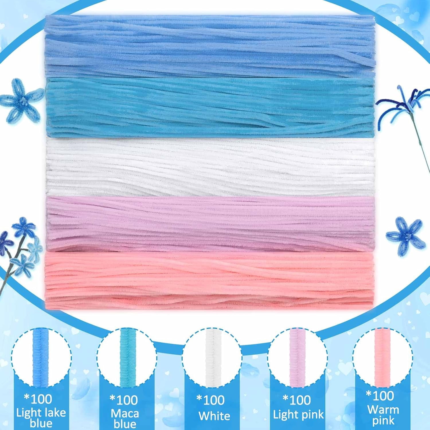 EP 500 Pieces Pipe Cleaners Chenille Stems for Flowers Craft Supplies Bulk Fluffy Fuzzy Sticks for DIY Art Projects Creative Gift Wrapping Party Decorations (Blue & Pink Flower,12 Inch)