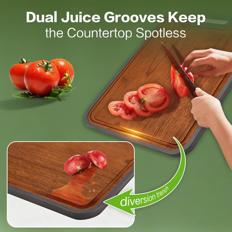 Titanium Cutting Board Double Sided, Wood Cutting Board for kitchen, Titanium & Ebony Wood Large Chopping Board for meat with Juice Groove for Meat & Veggies 15.7”x11”x0.6”