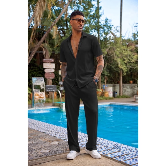 COOFANDY Men's 2 Piece Outfit Casual Short Sleeve Button Down Shirt Beach Summer Loose Pant Sets