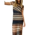 thumbnail image 2 of Franhais Women Bodycon Dress Round Neck Short Sleeve See-Through Striped Slit Long Dresses, 2 of 7