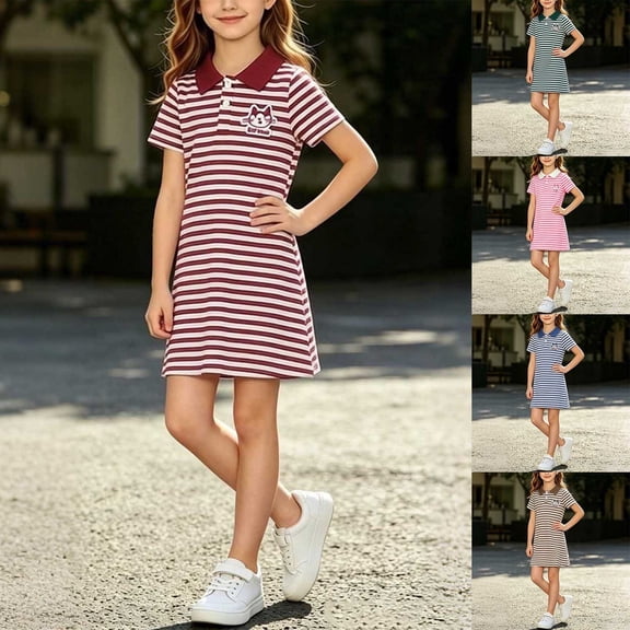Spazoro Girls Cute Dresses, Short Sleeve Striped Soft & Comfy Collared Casual A-Line Dress for School Wine Size 7-8 Years