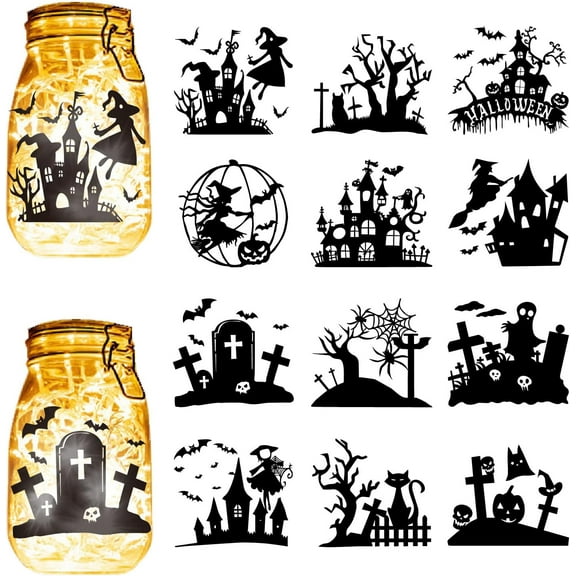 12Pcs Silhouettes Mason Jar Decor PVC Laser Die Cut Scrapbook Cardboard Cutouts Silhouette Ornament for DIY Light Lamp Jar Decoration Supplies Black 4x3.5Inch-No Sticker 1set