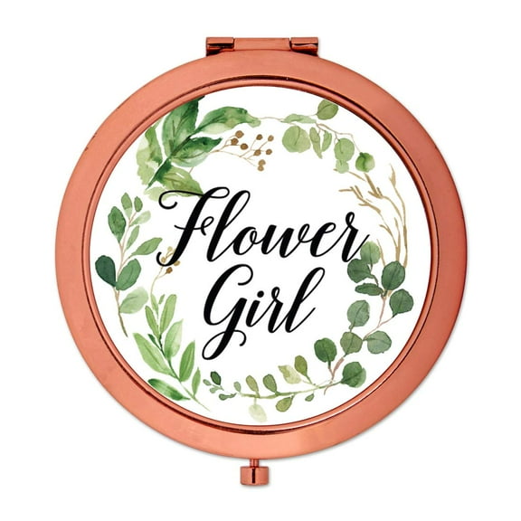 Koyal Wholesale Compact Mirror Flower Girl Wedding Gift, Rose Gold, Greenery Green Leaves, 1-Pack