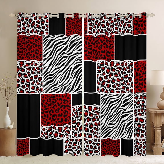 jejeloiu Jungle Animal Leopard Black Out Curtains,Cheetah Zebra Print Buffalo Curtains Pack of 2 (42x63 Each),Black White Red Bedroom Curtains For Adults,Microfiber Bedroom Decor