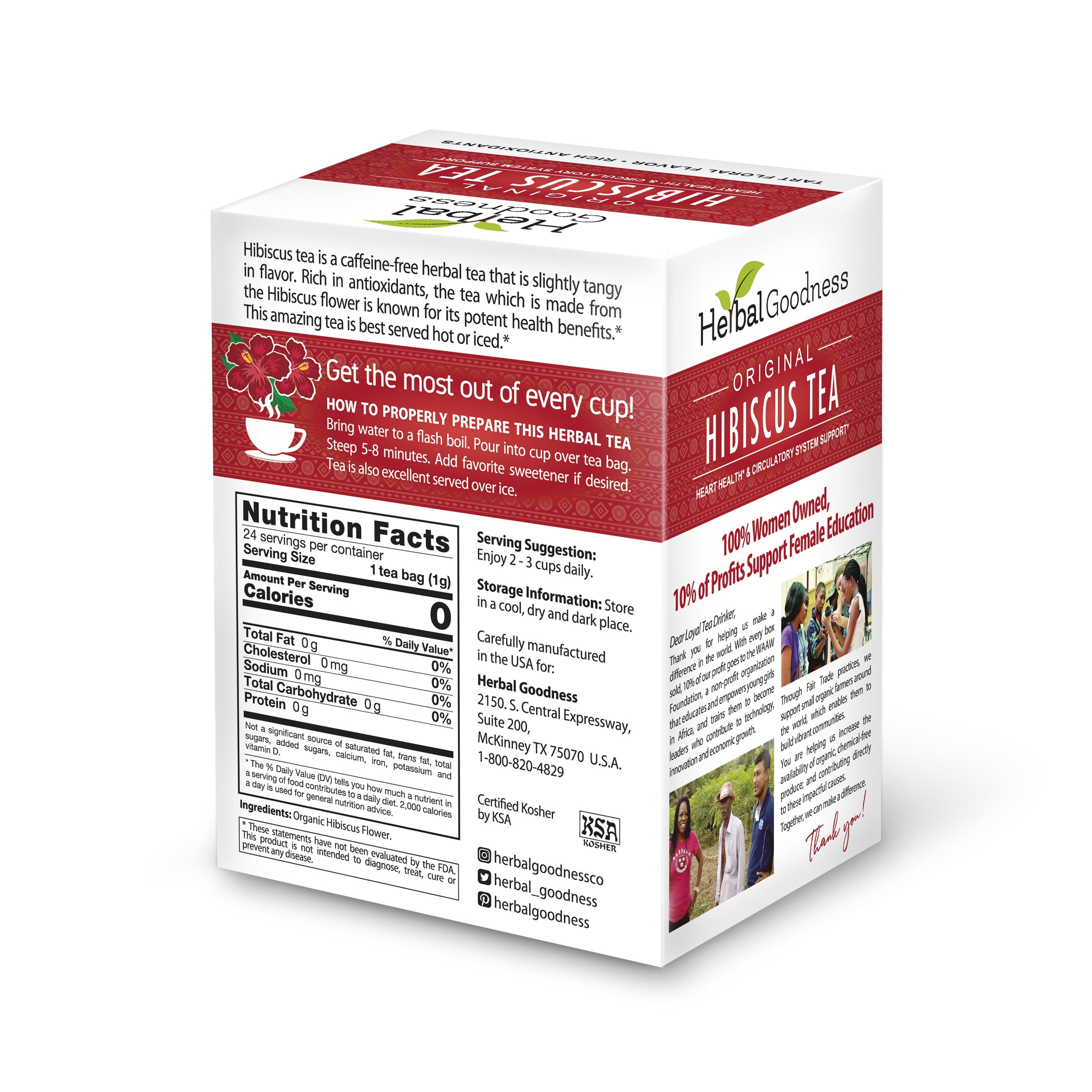 Hibiscus Leaf Tea Bags - Organic Pure Flowers, Heart & Circulatory Support - 6 Boxes of 24 Teabags - Herbal Goodness