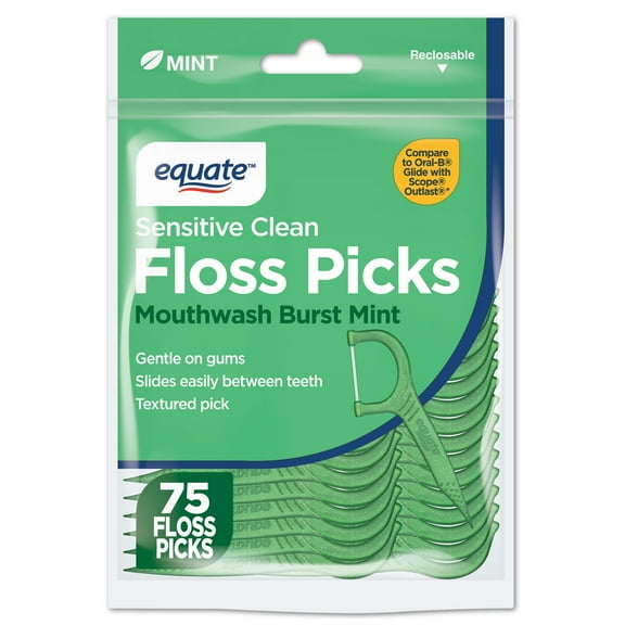 Equate Sensitive Clean Flossers, Mouthwash Burst Mint, Soft Tape Floss, 75 Count