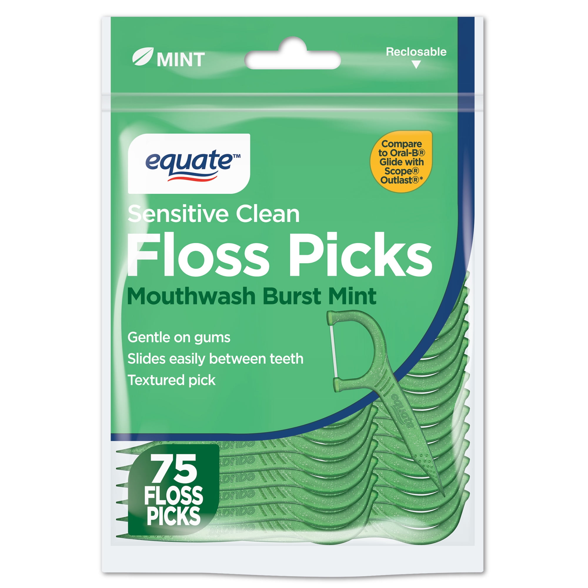 Equate Sensitive Clean Floss Picks, Mouthwash Burst Mint, 75 Count