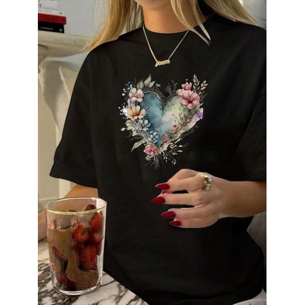 Camiseta vintage con cuello redondo y estampado geométrico para mujer, manga corta, algodón, lavable a máquina - Colección de verano, camisetas informales