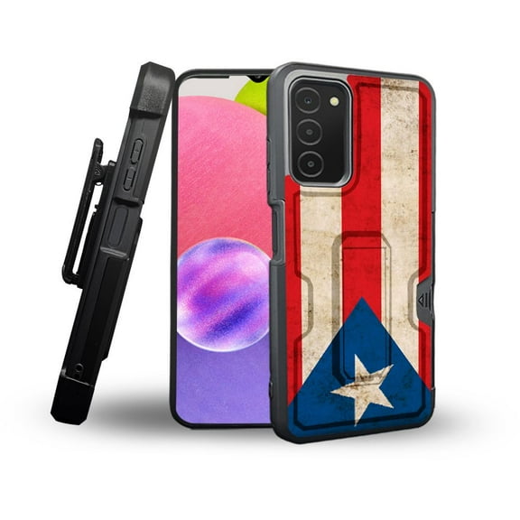 ANJ  Rugged Shockproof Holster Case Card Slot Kickstand   Tempered Glass Cover for Samsung Galaxy A03s - Puerto Rico Flag