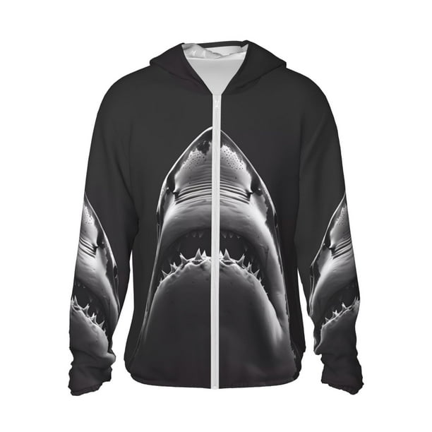 Fotbe Black And White Shark Chaqueta con Protección Solar UPF 50+ para Hombre y Mujer, Camisa con Capucha y Bolsillos-Medium