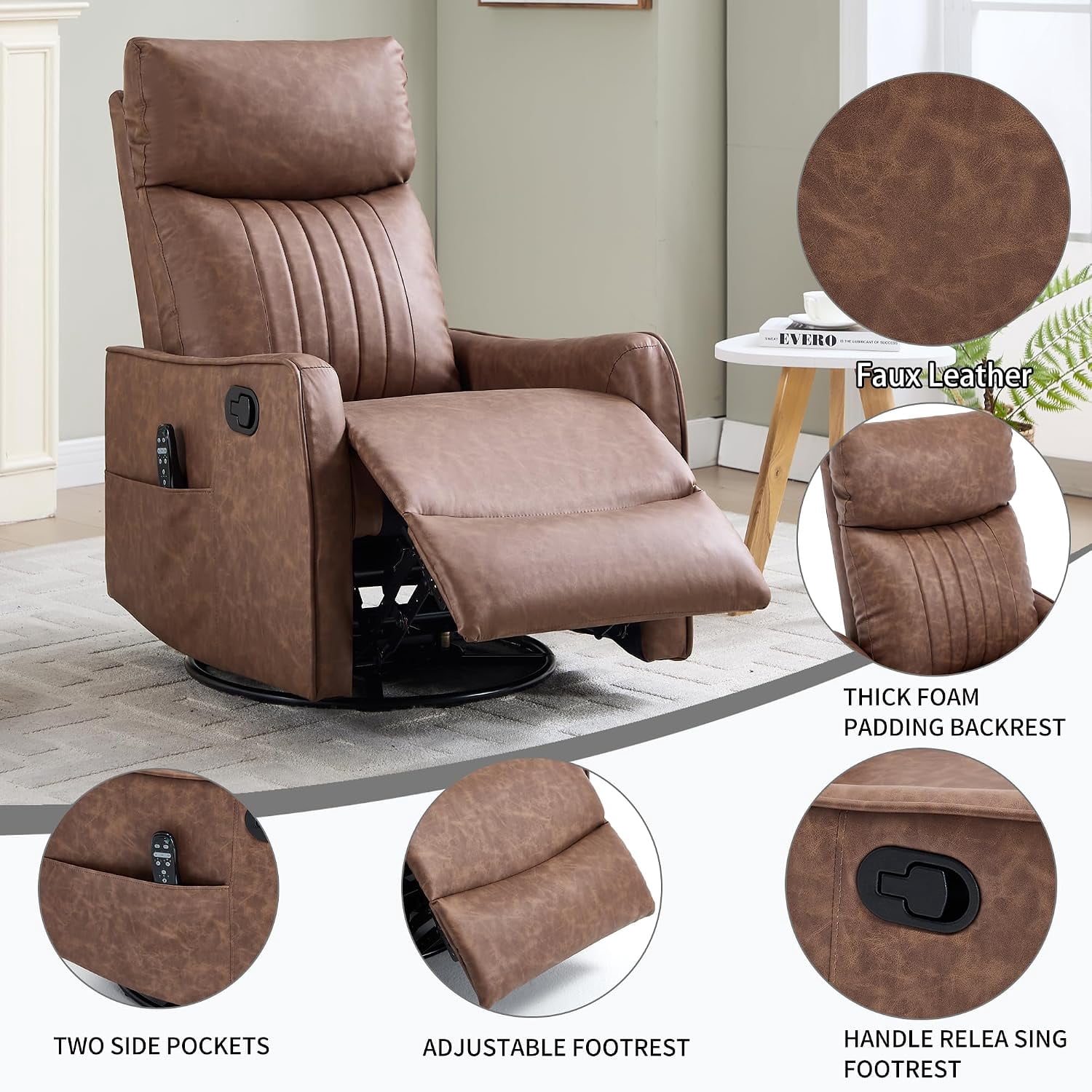 High Back Manual Recliner Chair with Heat & Massage, Swivel Rocker for Living Room Bedroom, Brown