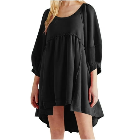 Dwaogom Fashion Women s Casual Over Sized Sweatshirt Long Sleeve Dress Round-Neck Ladies Patchwork Mini Dresses Womens Summer Boho Smocked Beach Dresses Black Tulle Dress Renaissance Bag
