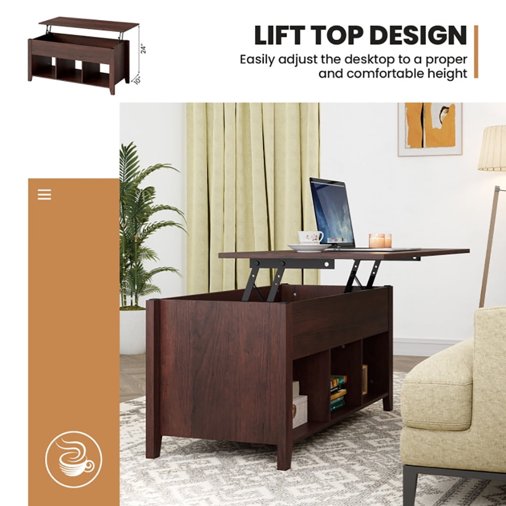 Finihen Wooden Coffee Table, Lift Top Coffee Table with Storage Lower Shelf, for Living Room, Reception Room, Office, Brown