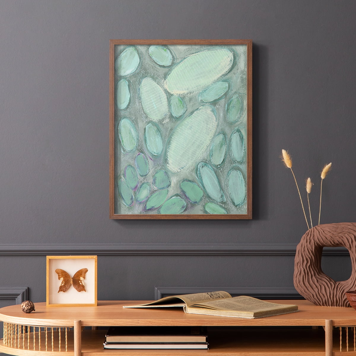 Blue Orbs II Framed Print in Brown Solid Wood Framed Print No Nail Hanging