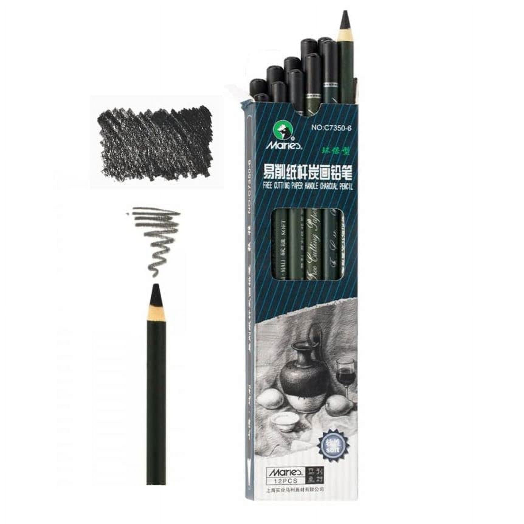 Maries Artist Charcoal Pencil 12 Piece Set, Soft Black Paper Handle Charcoal Pencils for Drawing and Sketching