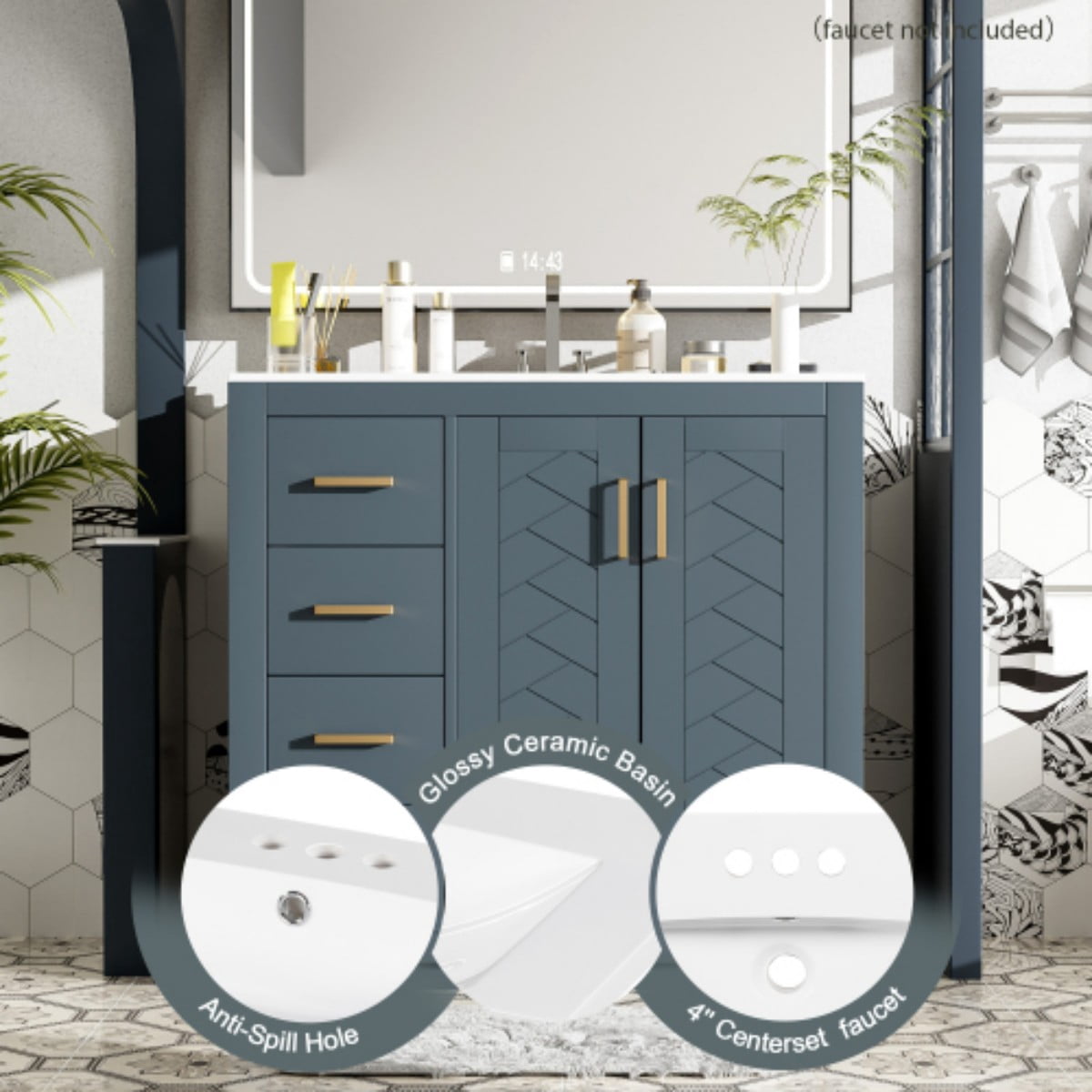 36" Bathroom Vanity with Sink, Freestanding Bathroom Vanity Cabinet with Ceramic Sink, Solid Wood Frame, 3 Drawers & Soft Close Doors, Modern Storage Cabinet, Blue