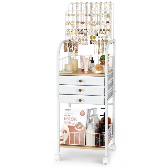 Olakee Large Jewelry Organizer Stand with 3 Drawers — for Necklace, Earring, Ring, Bracelet, Girls & Women, Modern, White