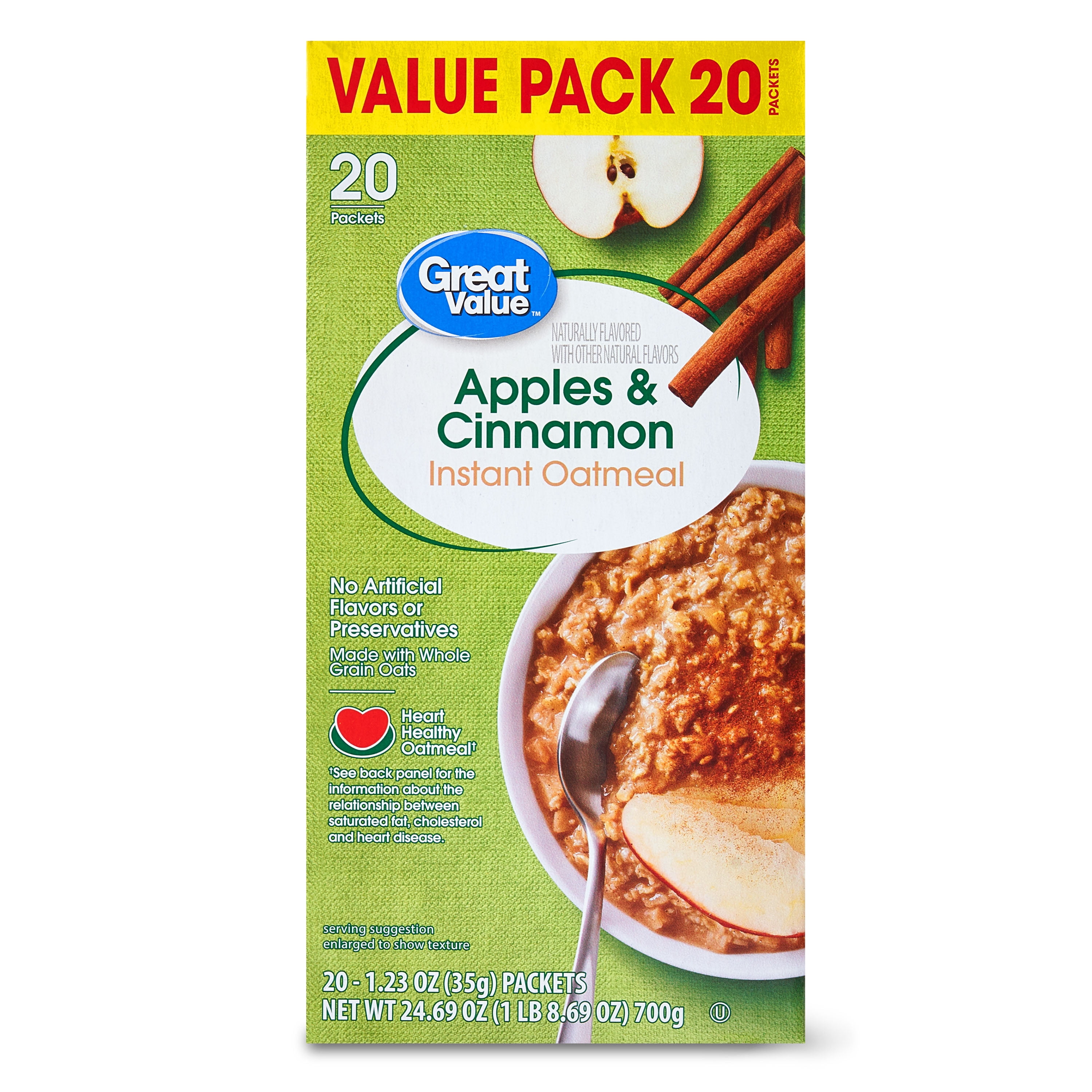Great Value Apples & Cinnamon Instant Oatmeal, 1.23 oz, 20 Packets