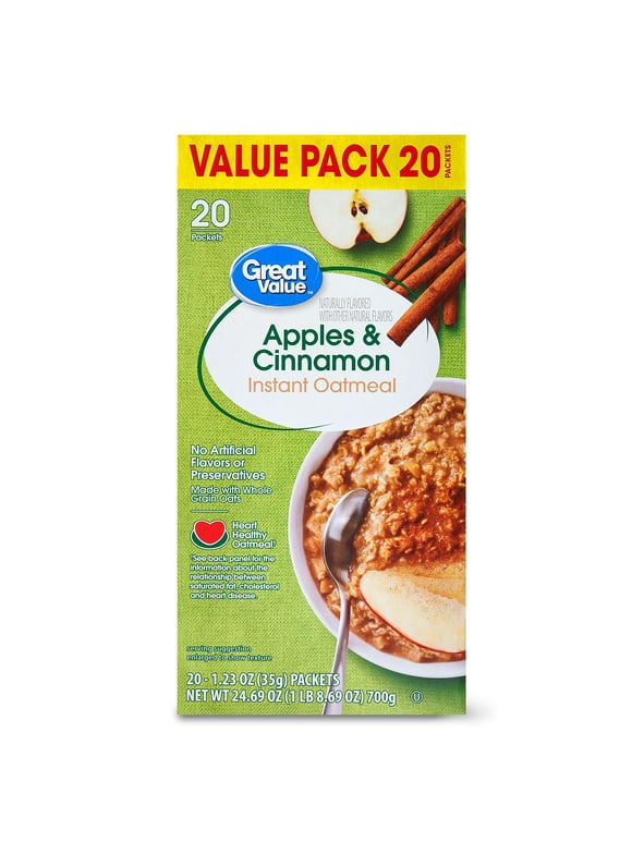 Great Value Apples & Cinnamon Instant Oatmeal, 1.23 oz, 20 Packets