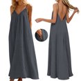 thumbnail image 3 of JIAYUE Women's Dress V Neck Spaghetti Strap Solid Color Linen Long Dresses Relaxed Fit Flowy Casual Sundress Sleeveless Vacation For Beach Holiday Daily Wear, 3 of 9