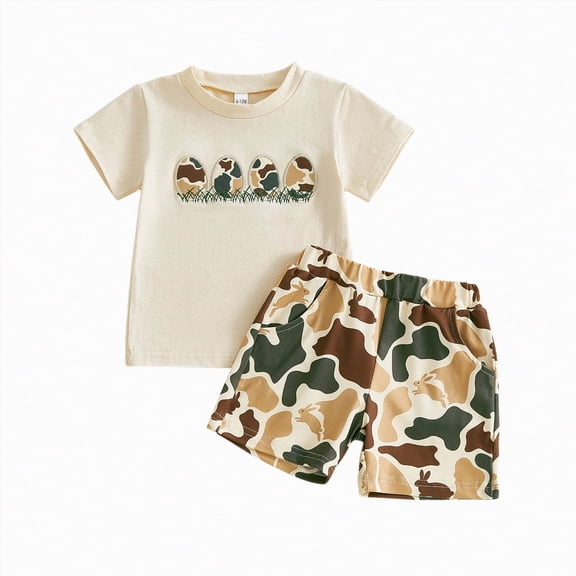 Kaprioy Baby Boy Easter Outfits Toddler Boys Summer Clothes Boys Cotton Outfit Cute Bunny & Carrot Print Short Sleeve T-Shirt with Elastic Waist Shorts Set