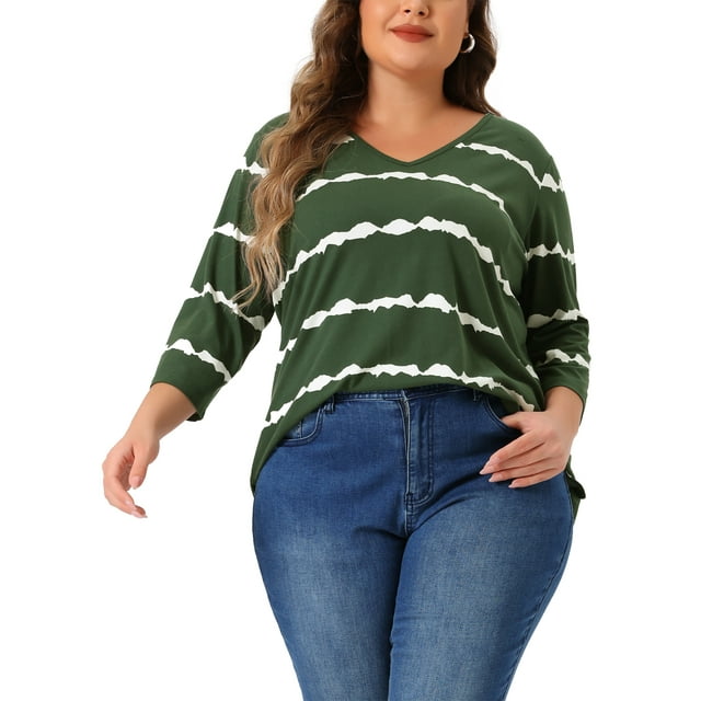 Tops de mujer de talla grande Agnes Orinda con rayas de teñido anudado, cuello en V, mangas 3/4, blusas casuales 2X en verde oscuro