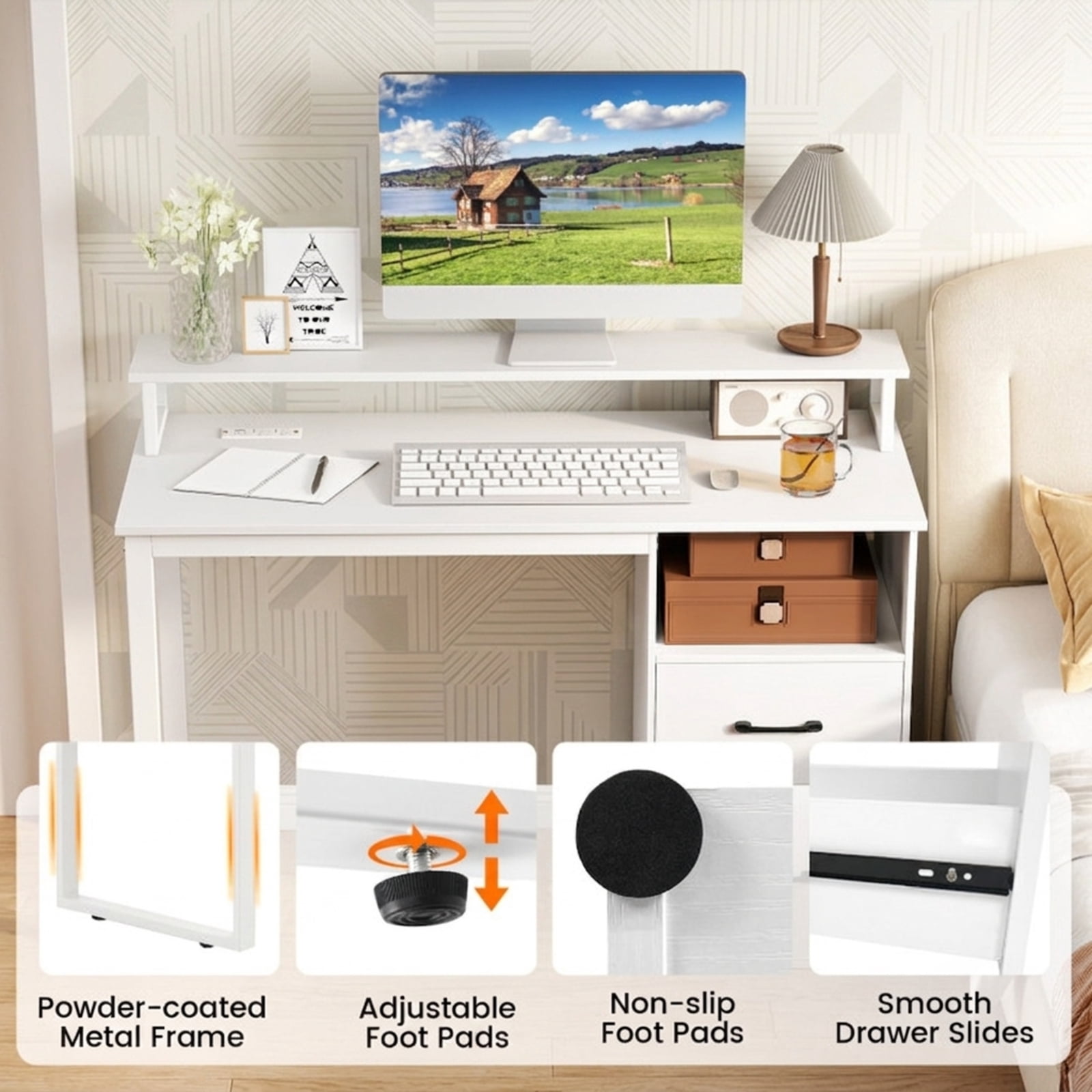 Furnibear Computer Desk with Power Outlets and File Drawer, Modern Home Office Desk with Monitor Stand and Metal Frame for Study Room, White