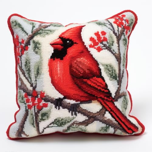 Christmas Red Bird Cardinal Latch Hook Pillow Kit for Adults Throw Pillow Cover with Printed Canvas Hook Crochet Yarn Needle Craft Easy Handmade Cushion for Home Sofa Decoration 43x43cm(3)