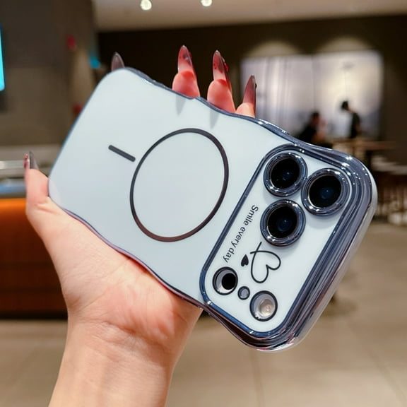 For iPhone 17 Pro Max Case Magnetic,for Women Girls Soft Rubber Cute Wave Frame Curly Shape Love Heart Luxury Plating Phone Case Compatible with MagSafe Shockproof Back Cover,Blue