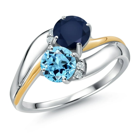 Gem Stone King 925 Sterling Silver and 10K Yellow Gold Swiss Blue Topaz Blue Sapphire 2 Stone and Lab Grown Diamond Accent Ring for Women (1.28 Cttw, Gemstone November Birthstone, Size 7)