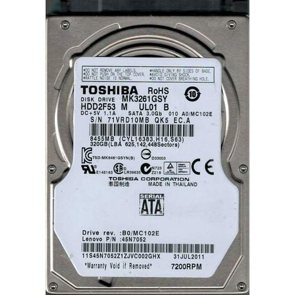 Toshiba MK3261GSY HDD2F53 M UL01 B F/W: A0/MC102E THAILAND 320GB