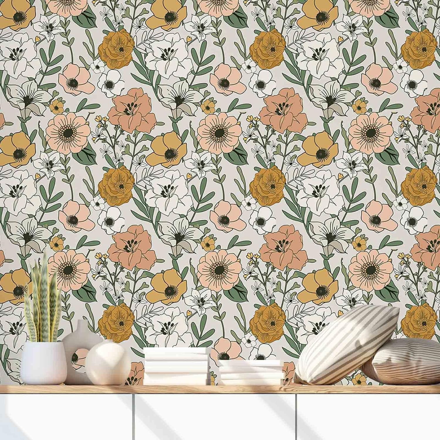 UMIGGEE 17.7-in x 393-in Vintage Floral Peel and Stick Wallpaper Boho Retro Removable Contact Paper Vinyl Self Adhesive Flower Wallpaper for Bathroom Bedroom White/Sand/Oliva
