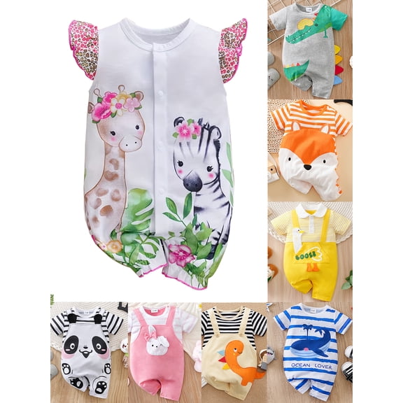 HWJAD Baby Girls Boys Rompers Short Sleeve Cotton Toddler Giraffe Zebra Jumpsuit Summer Baby Clothes One-Piece Outfit